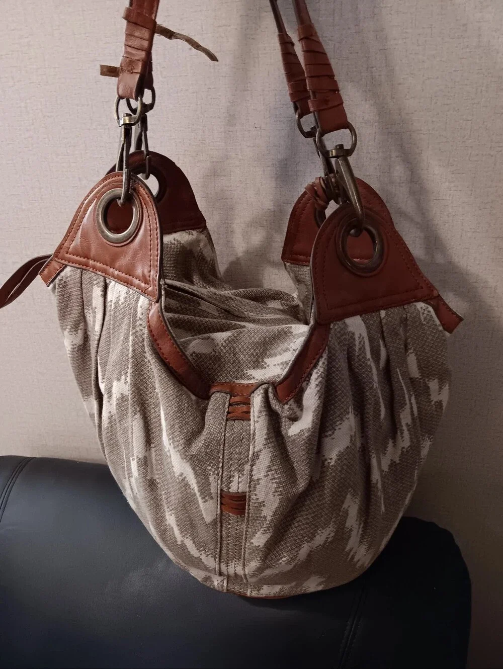 Vintage Lucky Brand Beige Canvas Hobo with Brown Leather Trim